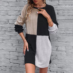 Women's Contrast Color Long-sleeve Round-collar Dress