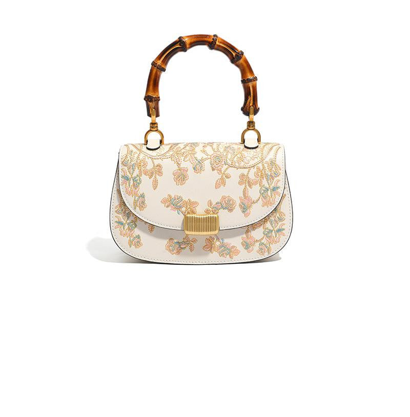 Cowhide Embroidery Ladies Bamboo Handbag