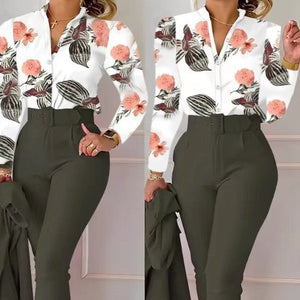 Printed Long-sleeved Top Solid Color Pants Suit With Belt