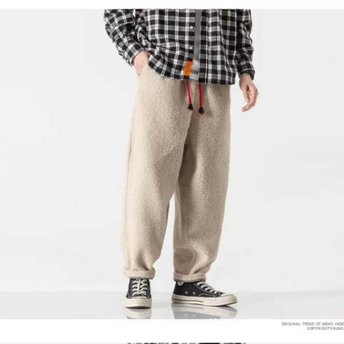 Fall Winter Men Thick Retro Grain Lambswool Thermal Casual Trousers