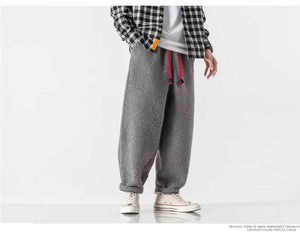 Fall Winter Men Thick Retro Grain Lambswool Thermal Casual Trousers