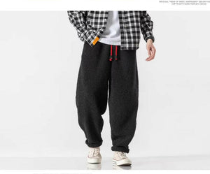 Fall Winter Men Thick Retro Grain Lambswool Thermal Casual Trousers