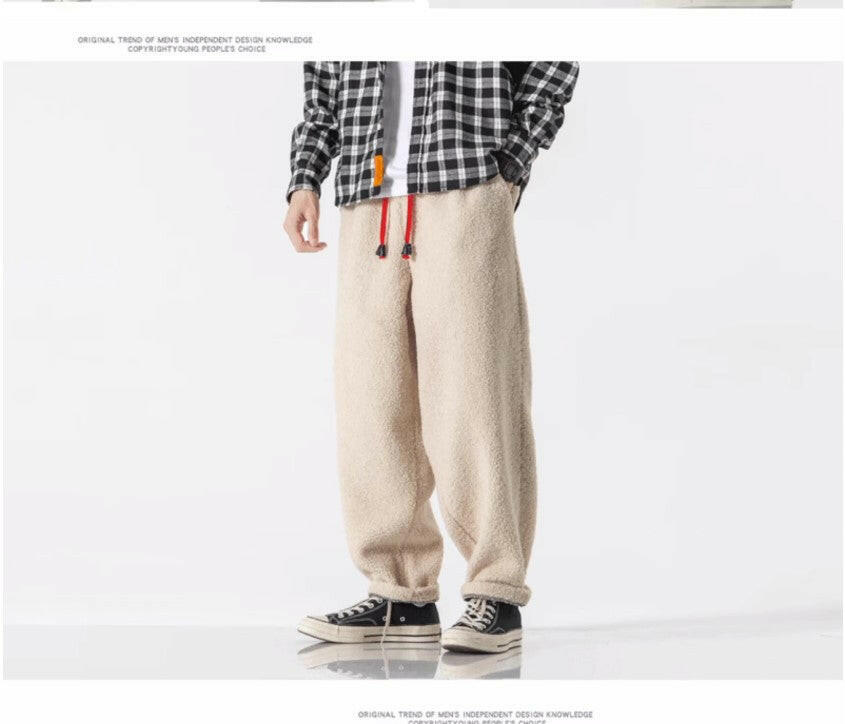 Fall Winter Men Thick Retro Grain Lambswool Thermal Casual Trousers