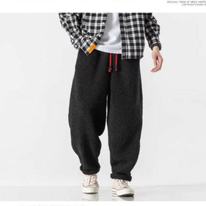 Fall Winter Men Thick Retro Grain Lambswool Thermal Casual Trousers