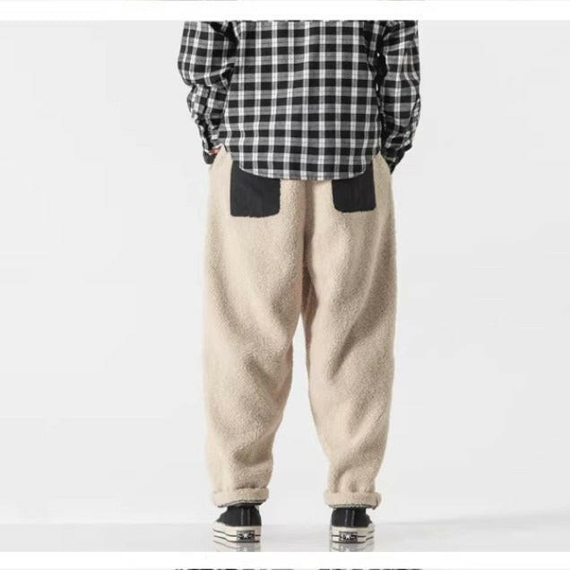 Fall Winter Men Thick Retro Grain Lambswool Thermal Casual Trousers